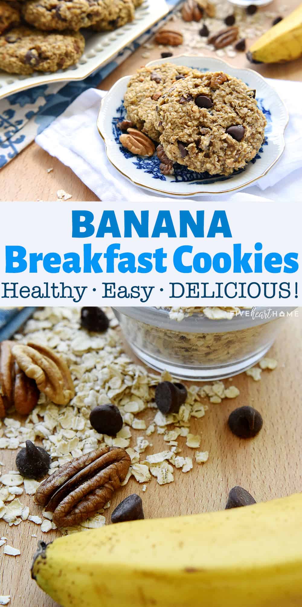 Banana Breakfast Cookies ~ these healthy banana oatmeal cookies make a wholesome, yummy breakfast on-the-go that's naturally sweetened, gluten-free, and perfect for using up ripe bananas! | FiveHeartHome.com via @fivehearthome