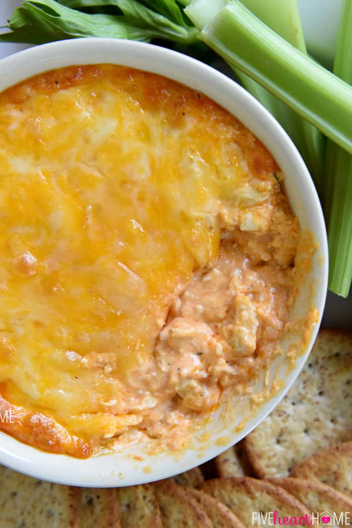 Aerial view of Chicken Wing Dip with missing scoop.