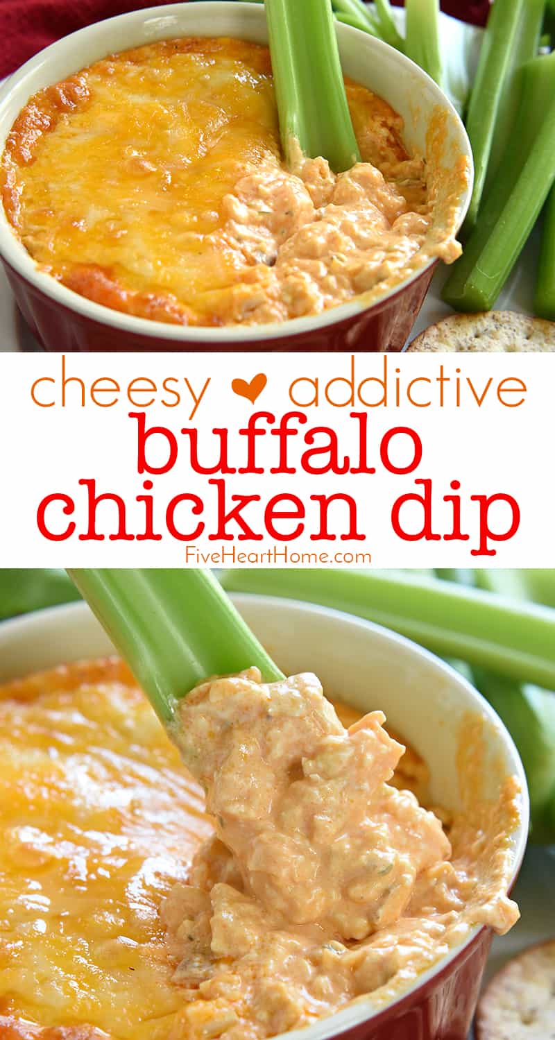 Buffalo Chicken Dip ~ warm, creamy, and loaded with cheese, chicken, and wing sauce, this decadent appetizer is perfect for parties or ideal for game day tailgating! | FiveHeartHome.com #buffalochickendip via @fivehearthome