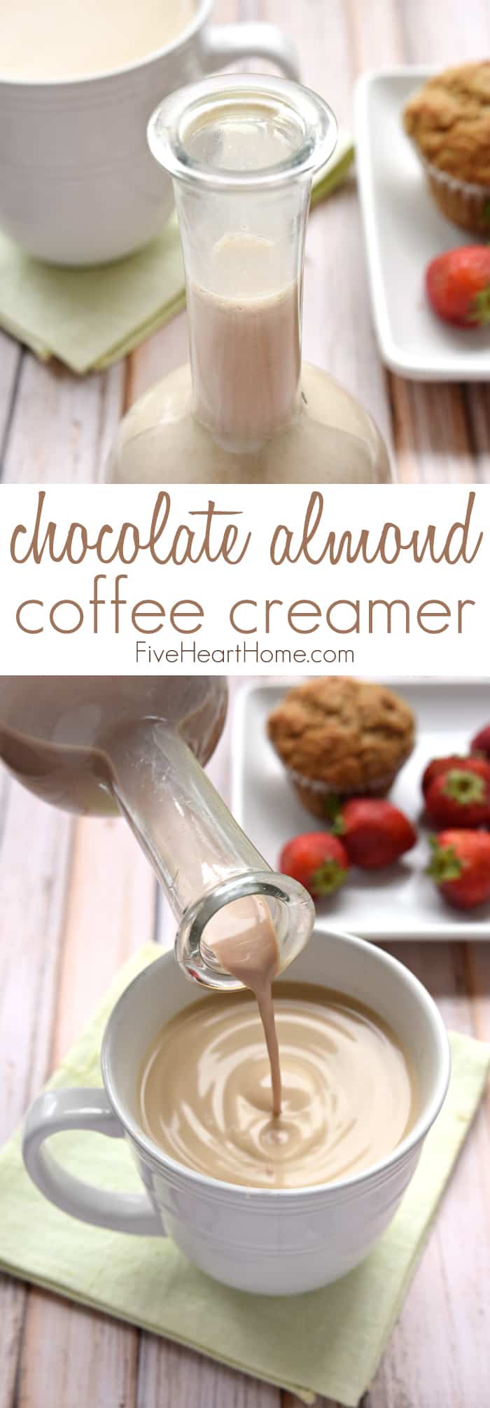 Homemade Chocolate Almond Coffee Creamer ~ this all-natural creamer is sweetened with pure maple syrup and flavored with cocoa powder, almond extract, and vanilla extract for a decadent, delicious way to dress up your morning cup 'o joe! | FiveHeartHome.com via @fivehearthome