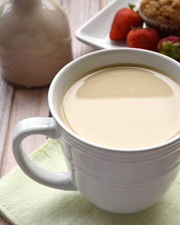 Chocolate Almond Coffee Creamer ~ this all-natural creamer is sweetened with pure maple syrup and flavored with cocoa powder, almond extract, and vanilla extract for a decadent, delicious way to dress up your morning cup 'o joe! | FiveHeartHome.com
