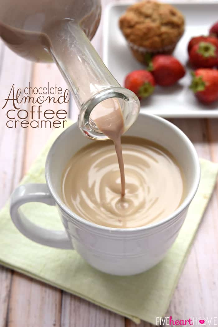 Chocolate Almond Coffee Creamer with text overlay.