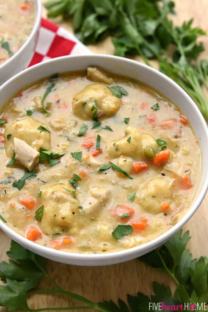 Homemade Chicken & Dumplings ~ a comfort food classic featuring flavorful broth loaded with tender chunks of chicken, sweet carrots, fresh thyme, and fluffy dumplings | FiveHeartHome.com