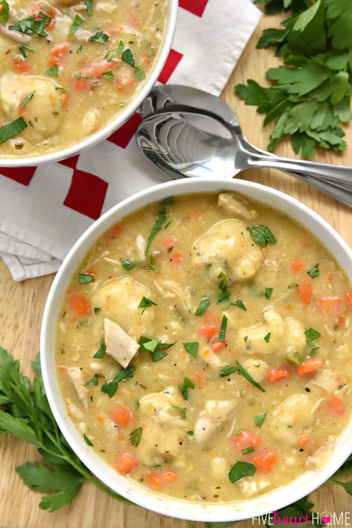 Aerial view of bowls of Homemade Chicken and Dumplings