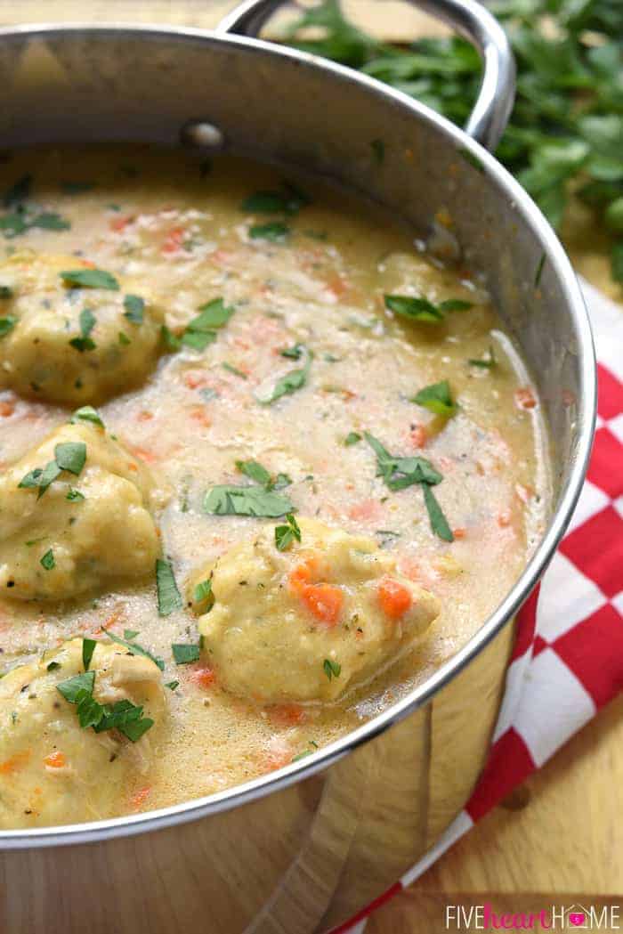 Homemade Chicken & Dumplings in pot