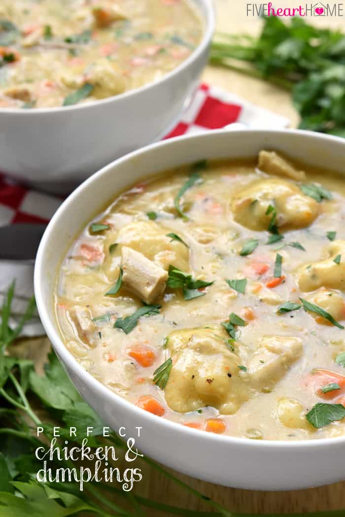 Chicken and Dumplings with text overlay