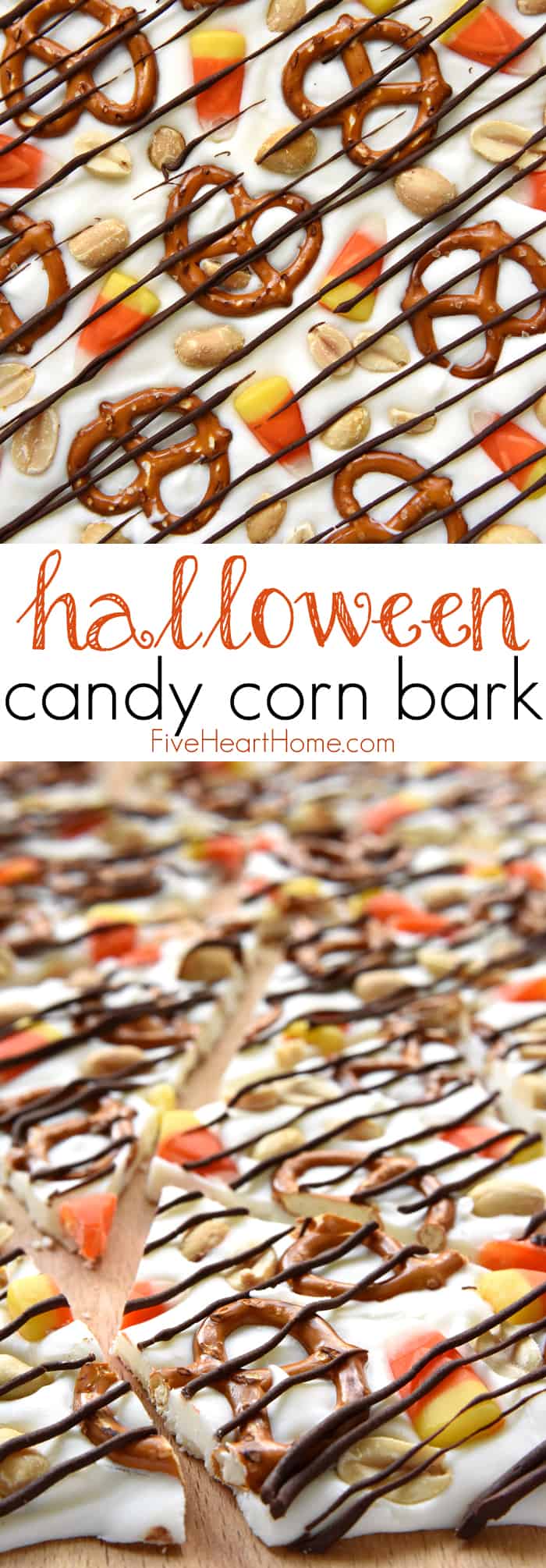 Halloween Bark ~ this sweet and salty candy corn recipe features white chocolate studded with candy corn, pretzels, and peanuts, then drizzled with semisweet chocolate for a fun and tasty Halloween treat! | FiveHeartHome.com via @fivehearthome