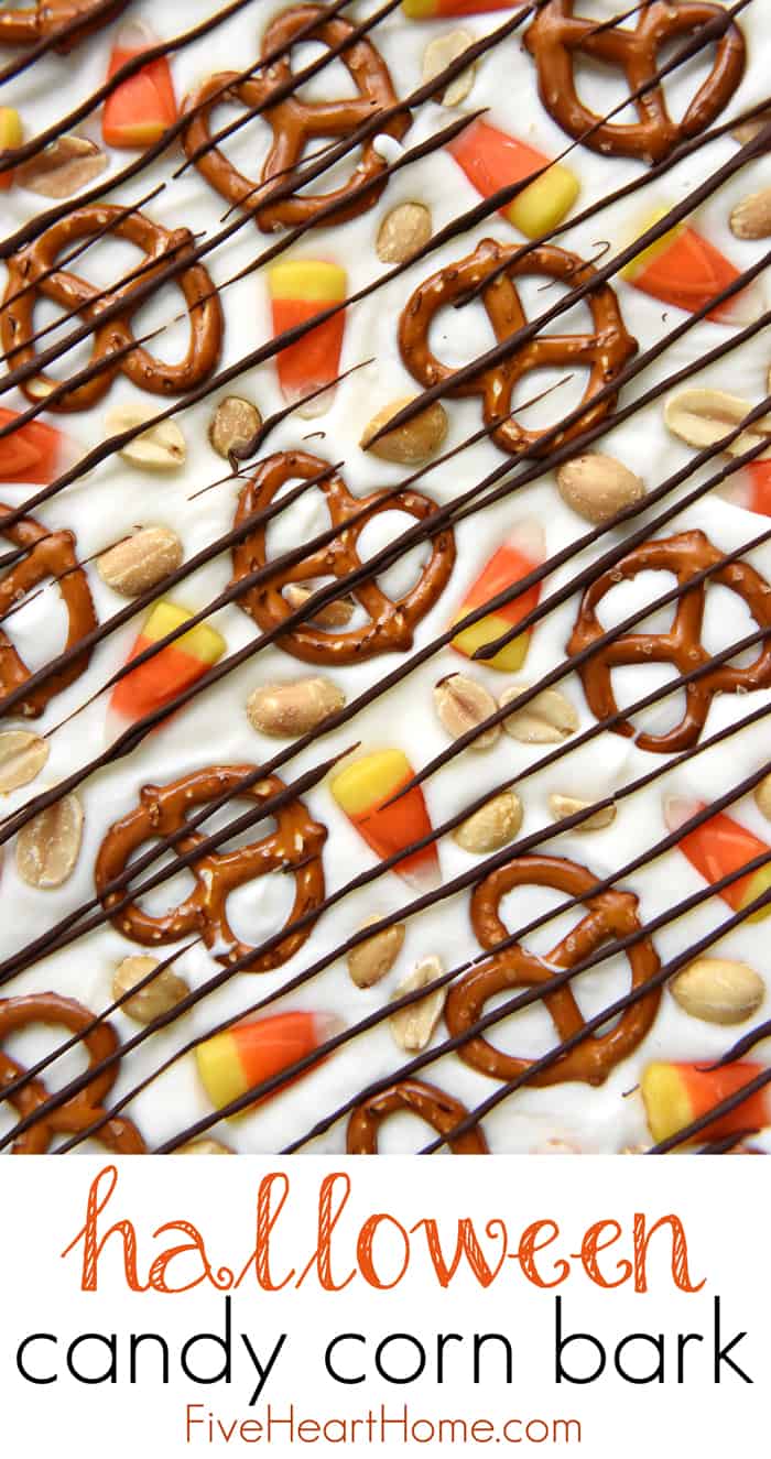 Halloween Bark with Candy Corn, Pretzels, Peanuts and text overlay