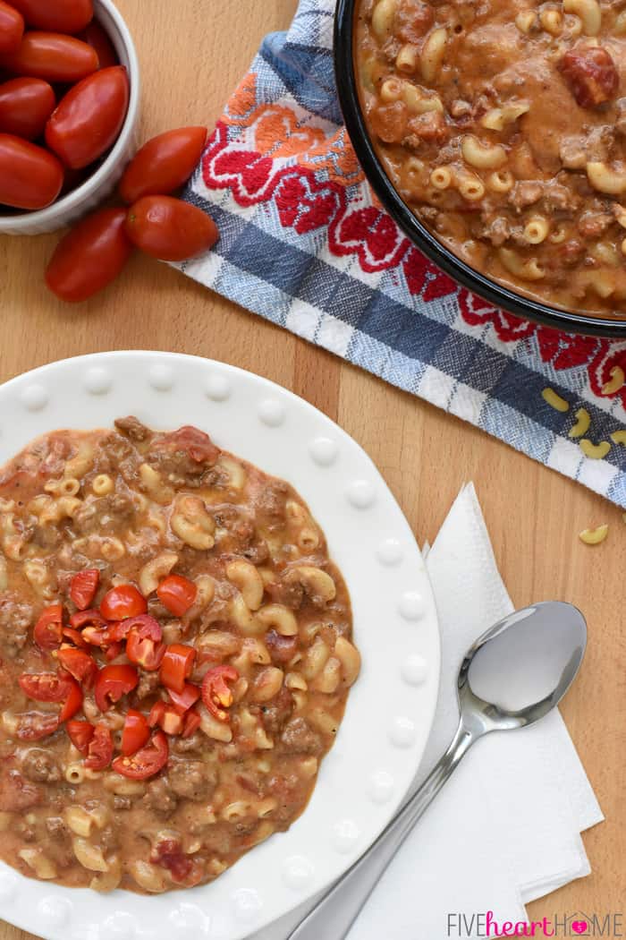 Homemade Hamburger Helper in Pot and Plated in White Bowl