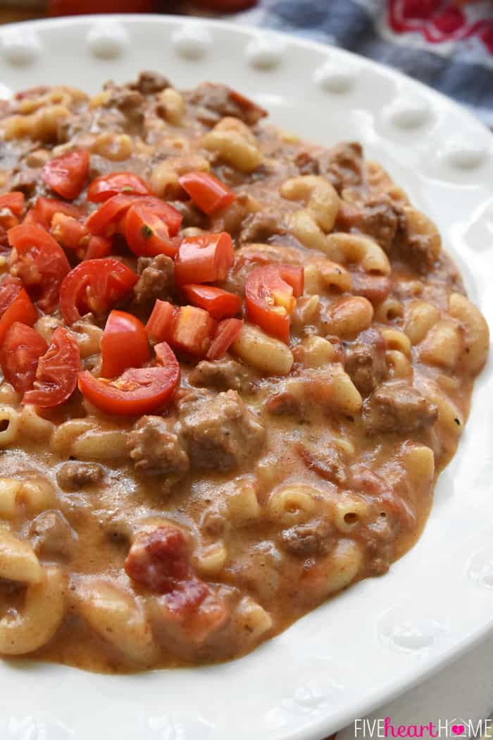 Cheeseburger Macaroni Close-Up in White Bowl