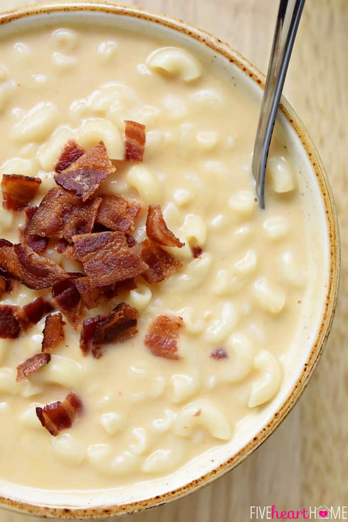 Aerial view of bowl of Macaroni and Cheese Soup.