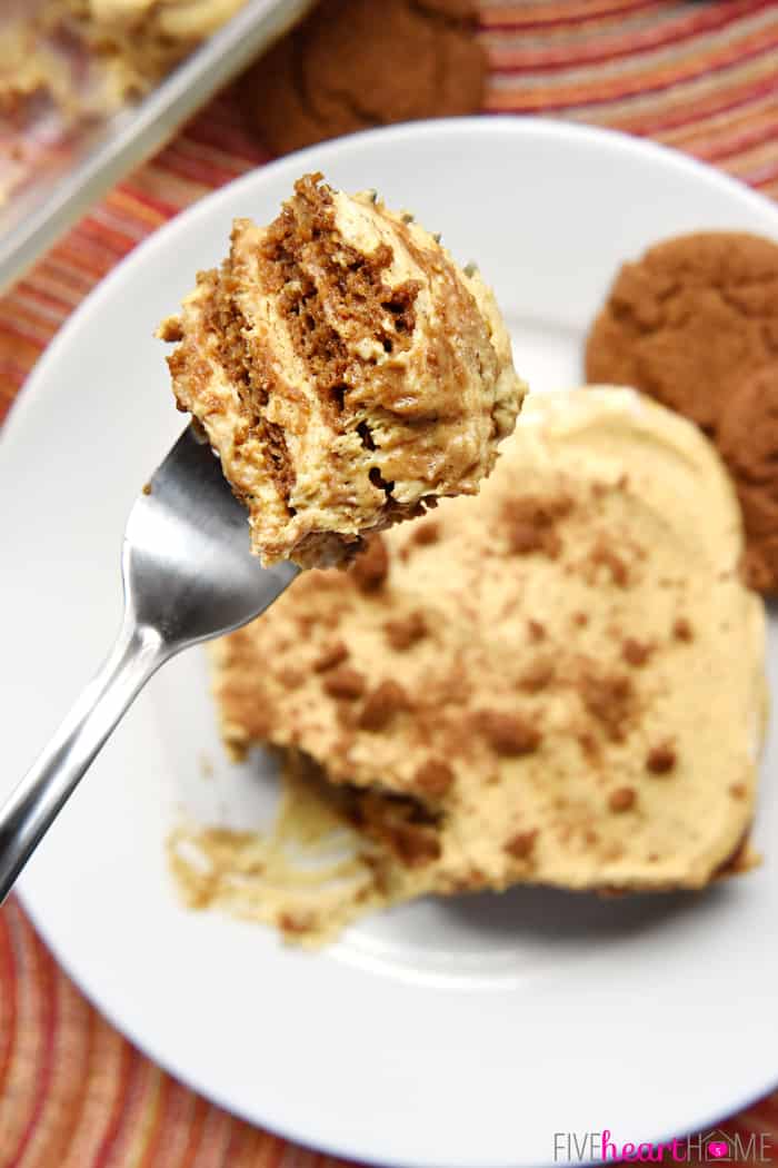 Bite of Pumpkin Icebox Cake on a fork held over plate