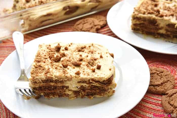 Pumpkin Gingersnap Icebox Cake ~ an easy, no-bake fall dessert of pumpkin, cream cheese, and fresh whipped cream layered with gingersnap cookies that transforms into soft, creamy cake after chilling in the refrigerator! | FiveHeartHome.com