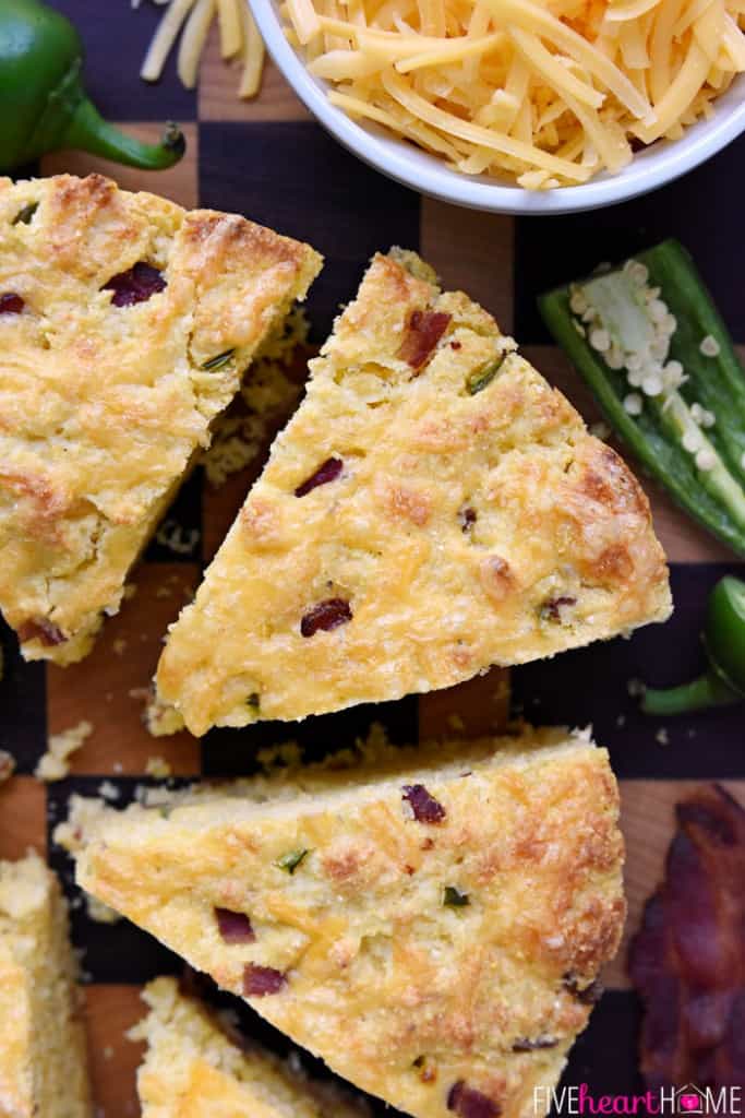 Aerial view of sliced Jalapeño Cheddar Cornbread with bacon.