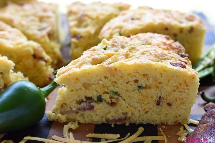 Close-up of wedge of Jalapeño Cheddar Cornbread.