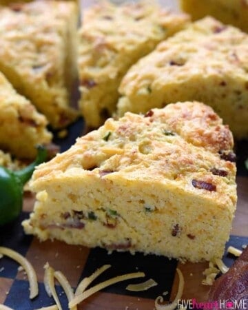 Jalapeño Cheddar Cornbread close-up on wooden board.