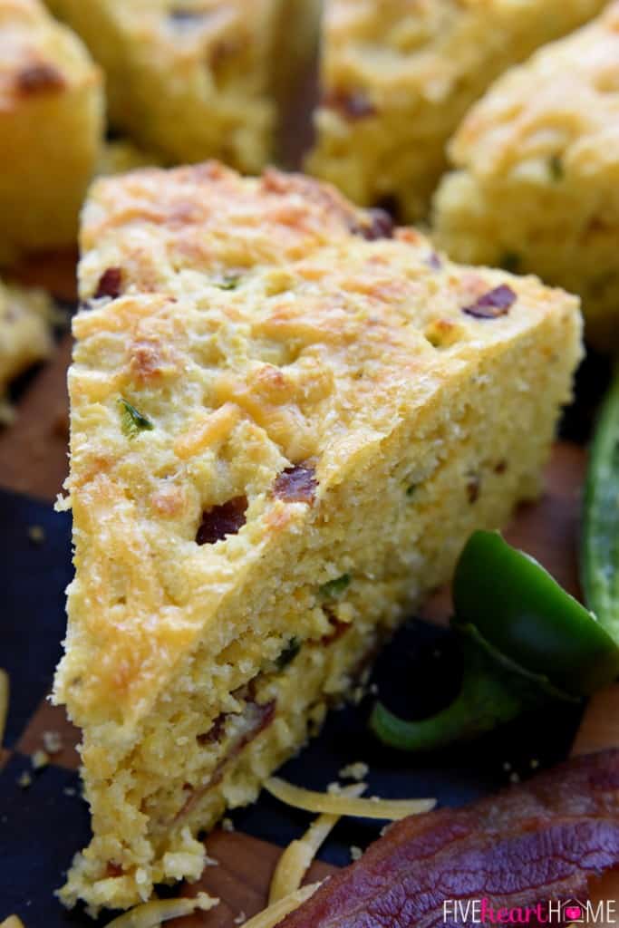 Zoomed-in wedge of Jalapeño Cheddar Cornbread.