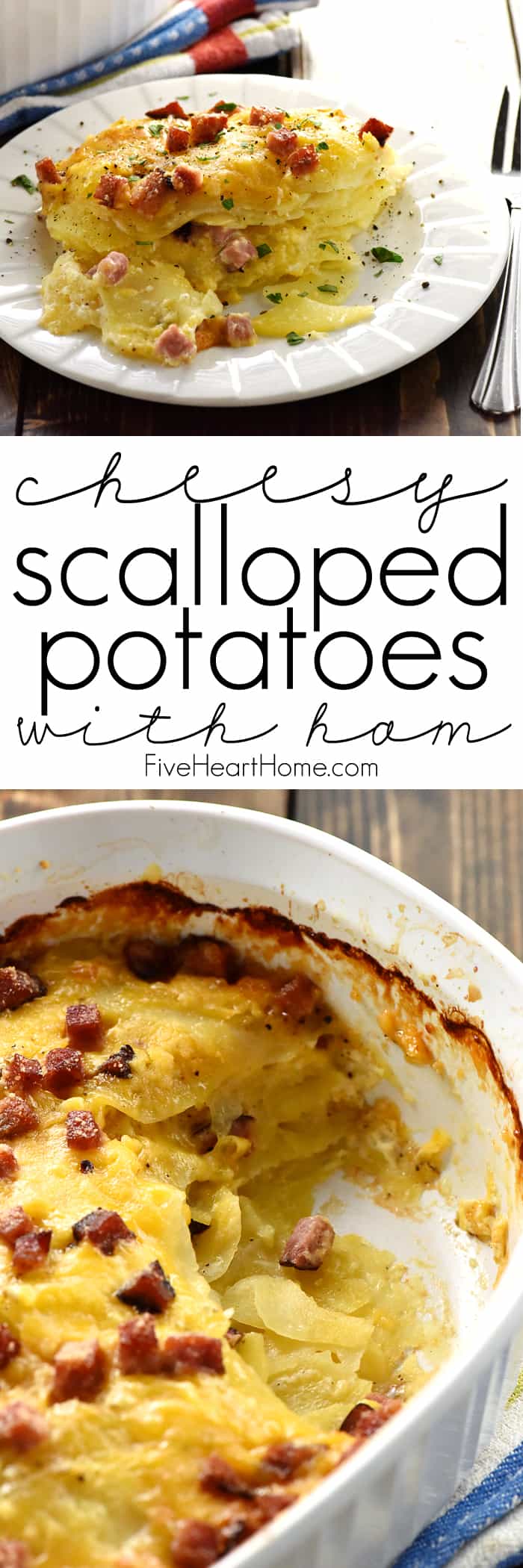 Cheesy Scalloped Potatoes with Ham with Collage and Text Overlay 