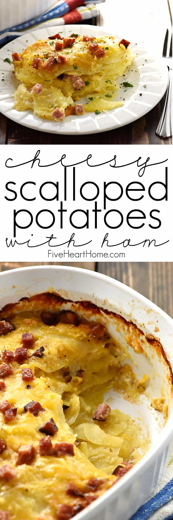 Cheesy Scalloped Potatoes with Ham ~ thin slices of potatoes drizzled with cream and layered with ham and cheddar for a decadent comfort food recipe that's also a great way to use up leftover holiday ham! | FiveHeartHome.com via @fivehearthome