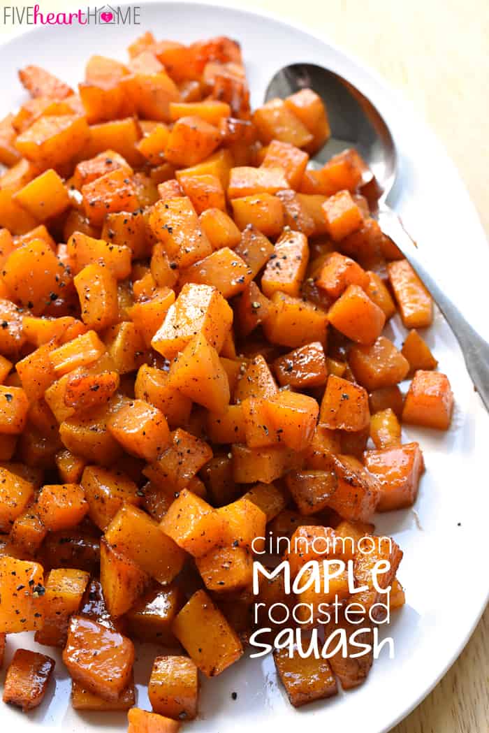 Cinnamon Maple Roasted Butternut Squash with text