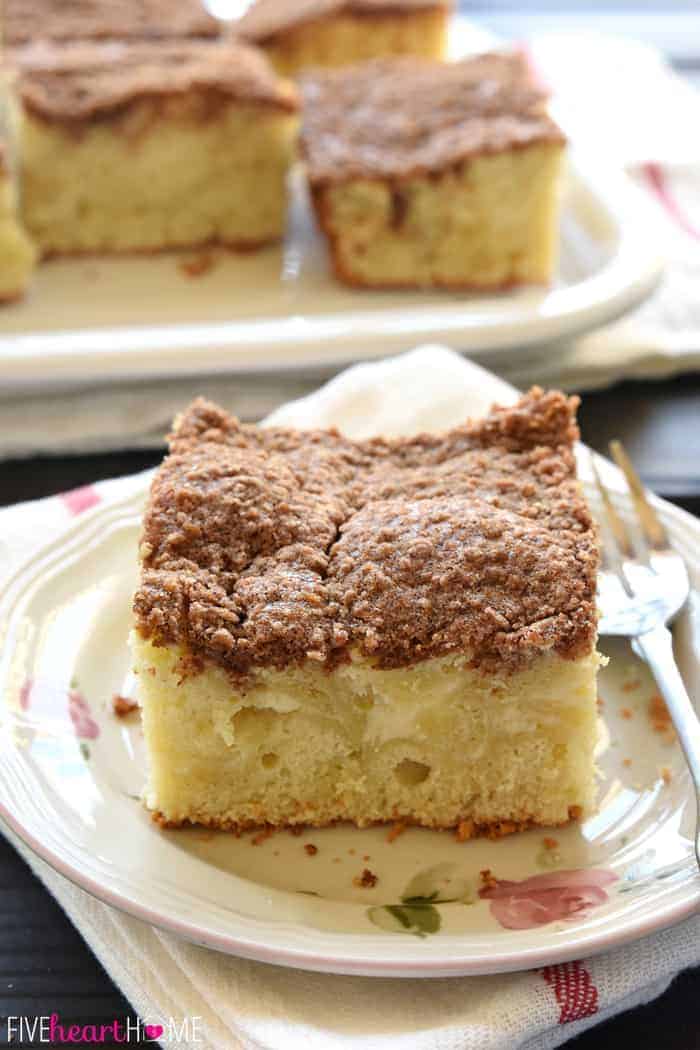 Big slice on a plate with cinnamon streusel topping