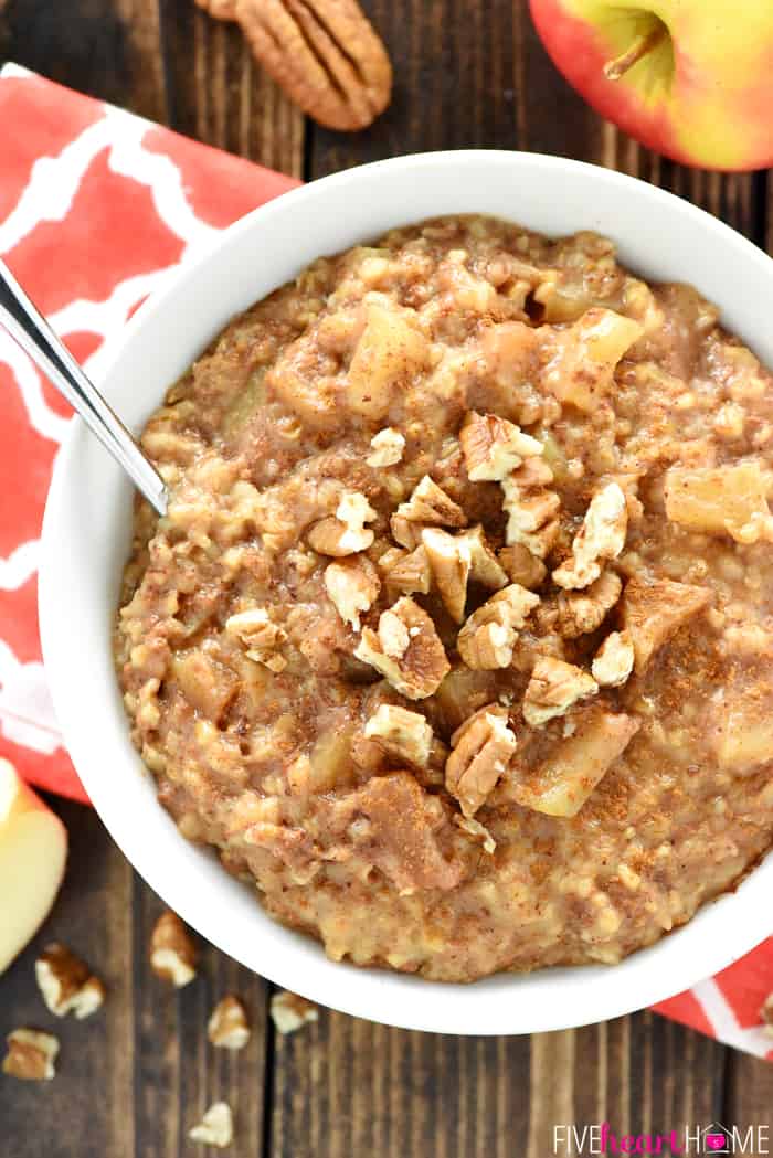 Aerial View of Apple Pie Overnight Steel Cut Oatmeal with Nut Garnish