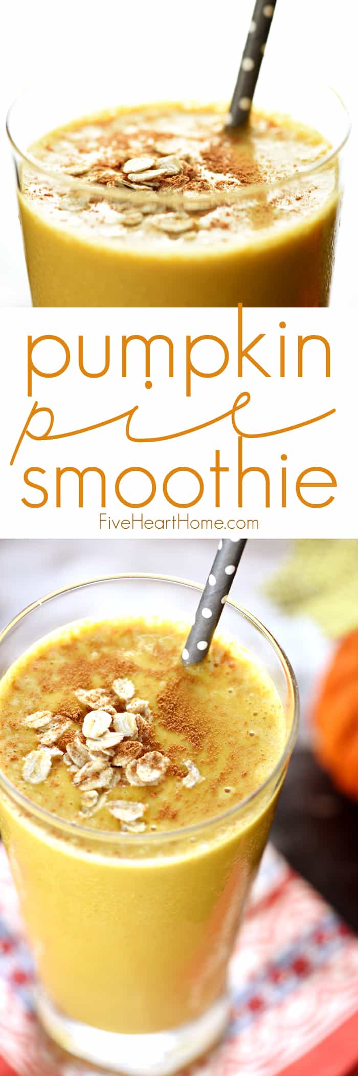 Pumpkin Pie Smoothie ~ a fall twist on thick, frosty, healthy oat smoothies...cinnamon-spiced, honey-sweetened, and perfect for breakfast or as a snack! | FiveHeartHome.com via @fivehearthome
