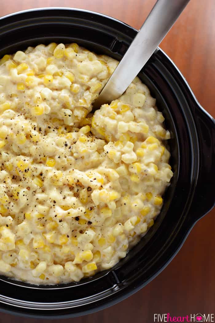 Slow Cooker Creamy Cheesy Corn ~ a rich, comforting side dish that's the perfect addition to any holiday menu...because not only is this recipe delicious, but it also frees up the stove and oven! | FiveHeartHome.com Aerial View of the Perfect Side Dish for the Holidays or any Occassion
