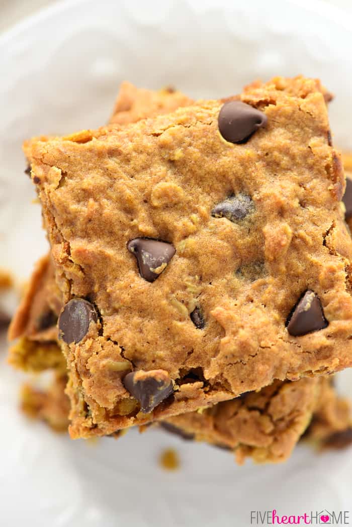 Aerial view of stack of Pumpkin Chocolate Chip Bars on a plate