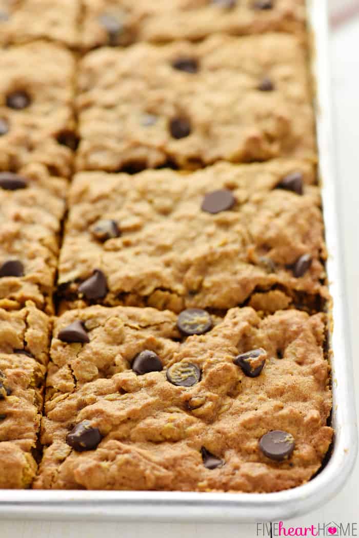 Chewy Pumpkin Chocolate Chip Oatmeal Bars ~ soft, moist, and loaded with pumpkin, chewy oats, warm spices, and rich chocolate chips for a perfect fall treat! | FiveHeartHome.com Close-up of bars in pan