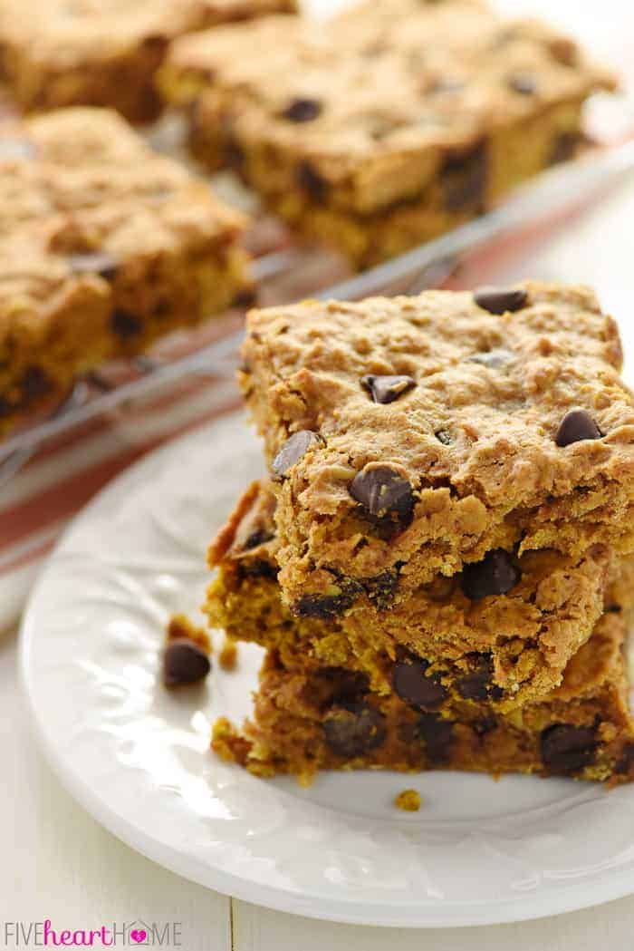 Stack of Pumpkin Chocolate Chip Bars on a plate