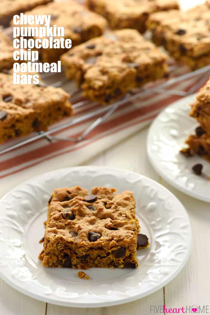 Chewy Pumpkin Chocolate Chip Oatmeal Bars ~ soft, moist, and loaded with pumpkin, chewy oats, warm spices, and rich chocolate chips for a perfect fall treat! | FiveHeartHome.com Chewy Pumpkin Chocolate Chip Bars with text overlay