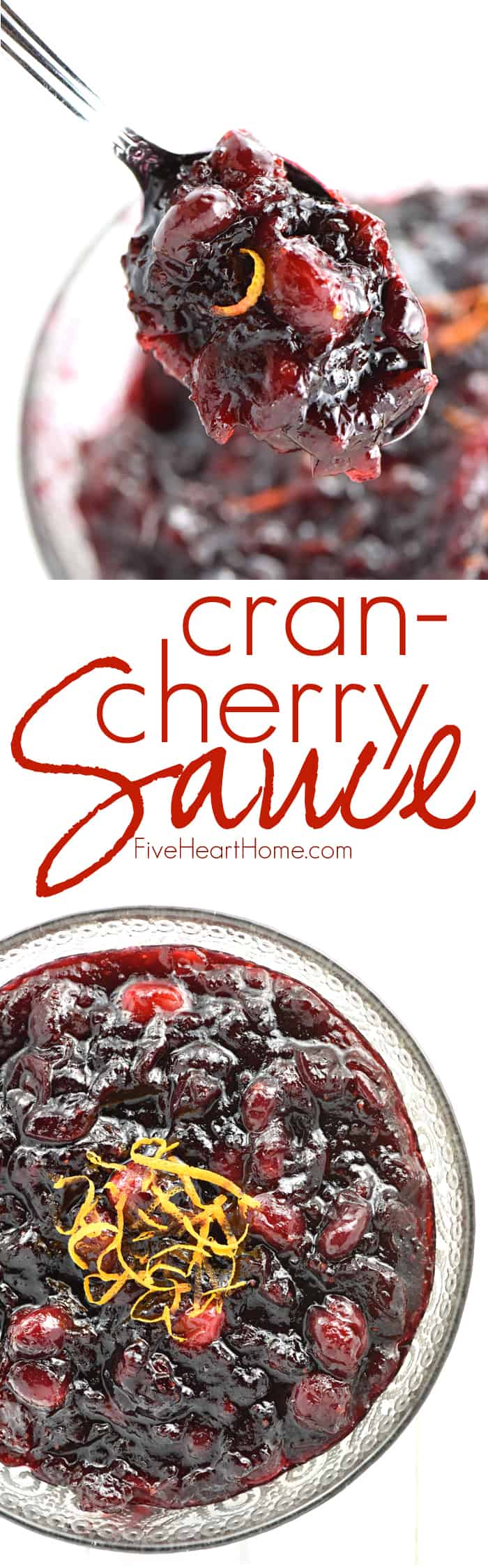 Sweetened with honey and brightened with citrus, Cran-Cherry Sauce strikes a perfect balance between tart cranberries and luscious cherry preserves, making it the perfect addition to your Thanksgiving table! via @fivehearthome