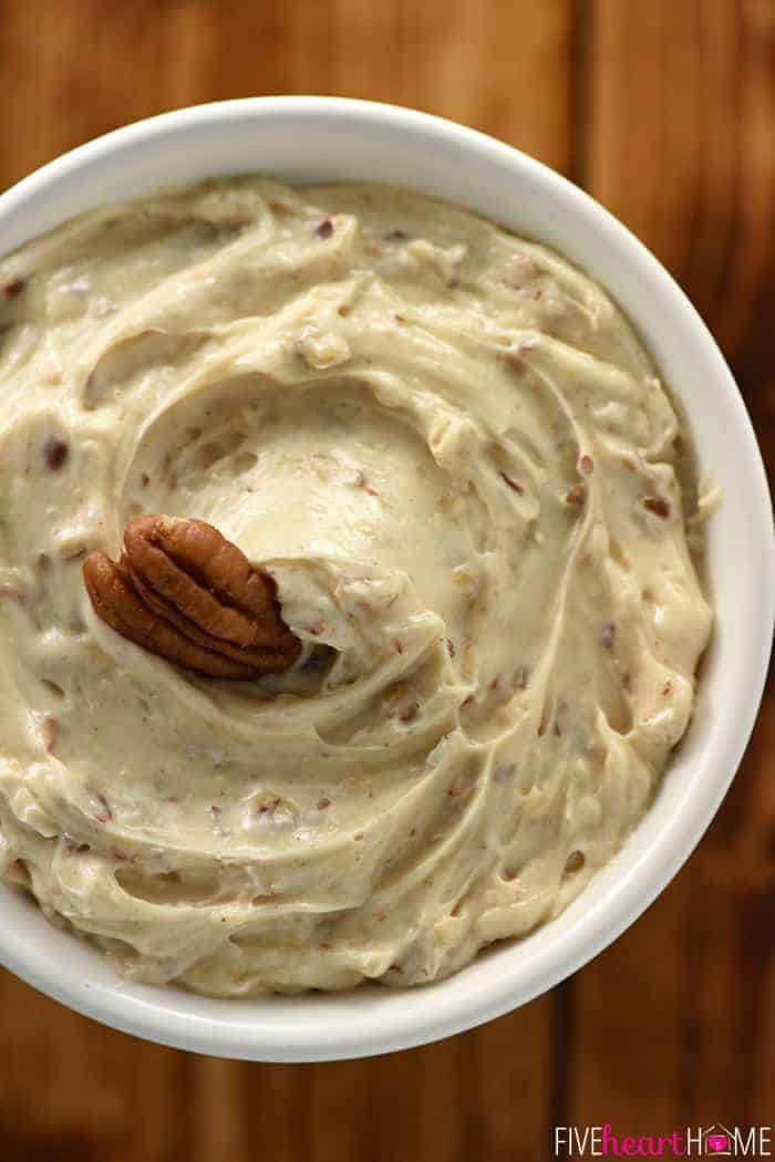 Aerial view of Honey Butter in bowl, studded with pecans.