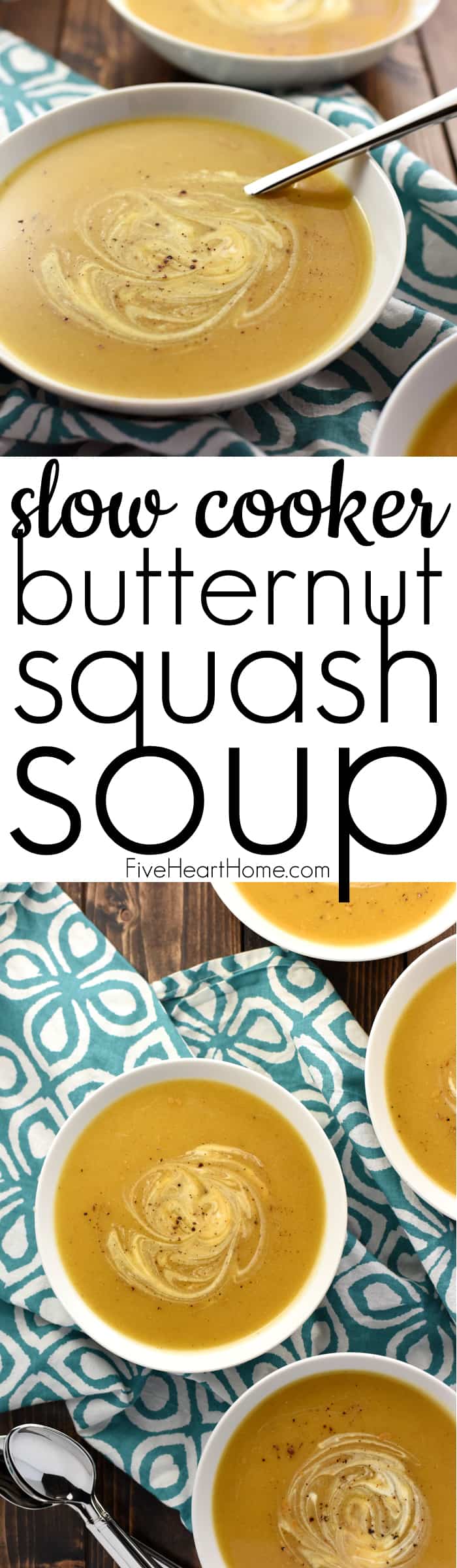 Slow Cooker Butternut Squash Soup ~ silky and delicious, packed with vitamins, and as effortless as tossing frozen butternut squash cubes into the crock pot! | FiveHeartHome.com via @fivehearthome