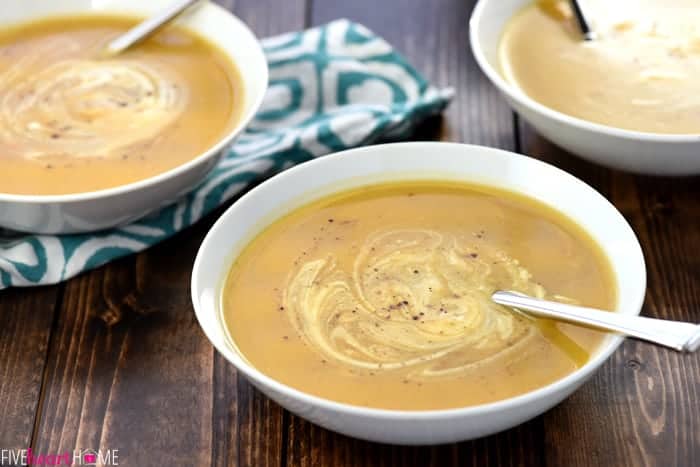 Slow Cooker Butternut Squash Soup ~ silky and delicious, packed with vitamins, and as effortless as tossing frozen butternut squash cubes into the crock pot! | FiveHeartHome.com