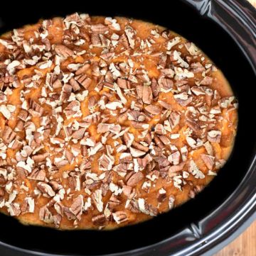 Slow Cooker Sweet Potato Casserole ~ lightly sweetened with maple syrup and topped with toasted pecans, this effortless crock pot recipe is a delicious Thanksgiving side dish that frees up the oven! | FiveHeartHome.com