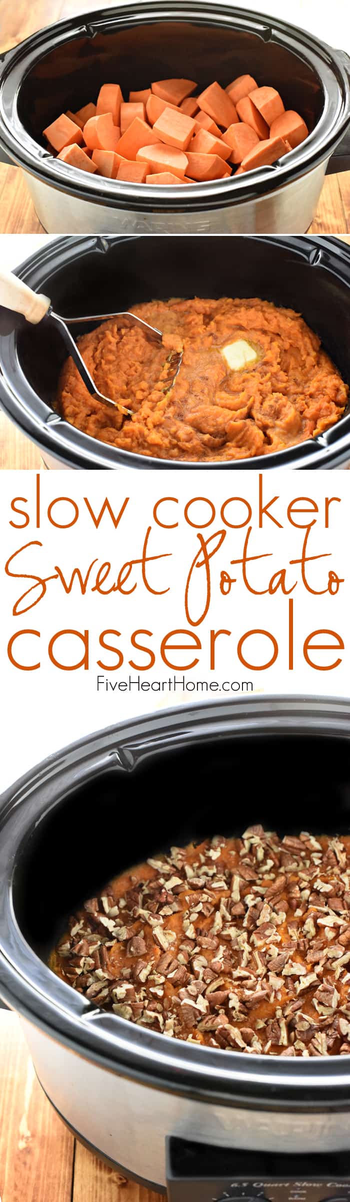 Slow Cooker Sweet Potato Casserole ~ lightly sweetened with maple syrup and topped with toasted pecans, this effortless crock pot recipe is a delicious Thanksgiving side dish that frees up the oven! | FiveHeartHome.com via @fivehearthome