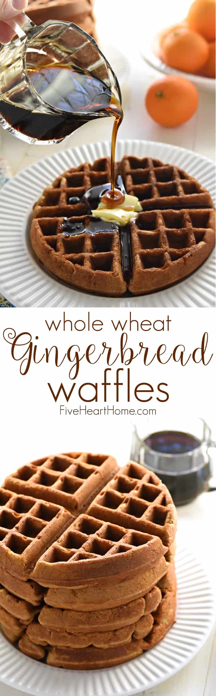 Whole Wheat Gingerbread Waffles ~ tender, fluffy, and perfectly spiced, these wholesome waffles make a festive holiday (or any day) breakfast! | FiveHeartHome.com via @fivehearthome
