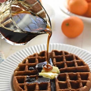 Whole Wheat Gingerbread Waffles ~ tender, fluffy, and perfectly spiced, these wholesome waffles make a festive holiday (or any day) breakfast! | FiveHeartHome.com