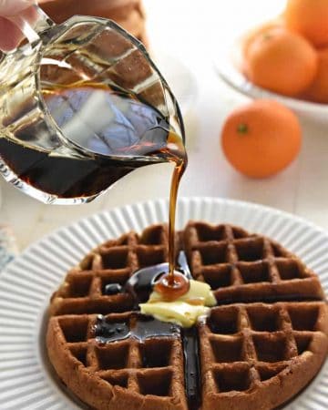 Whole Wheat Gingerbread Waffles ~ tender, fluffy, and perfectly spiced, these wholesome waffles make a festive holiday (or any day) breakfast! | FiveHeartHome.com