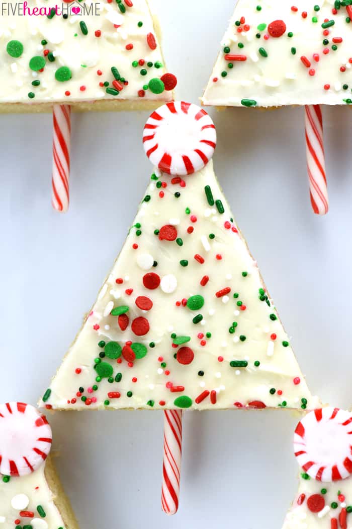 Christmas Sheet Cake trees decorated with sprinkles.