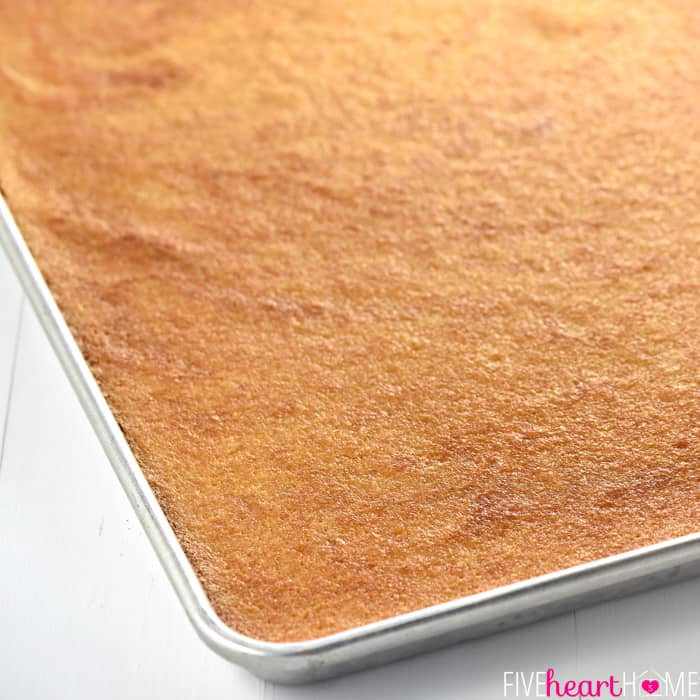 Freshly baked sheet cake in pan.