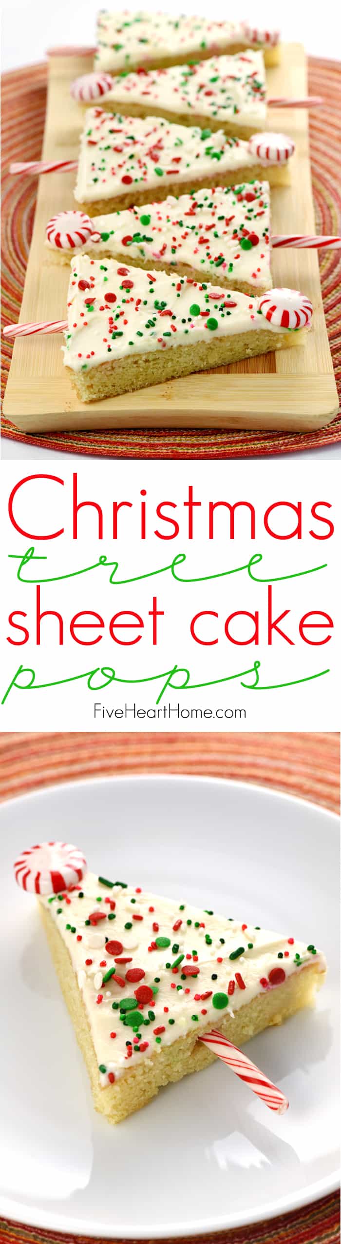 Christmas Sheet Cake ~ tender vanilla sheet cake is slathered in cream cheese frosting, showered with sprinkles, cut into triangles, and embellished with candy canes to make cute & festive Christmas trees! | FiveHeartHome.com via @fivehearthome
