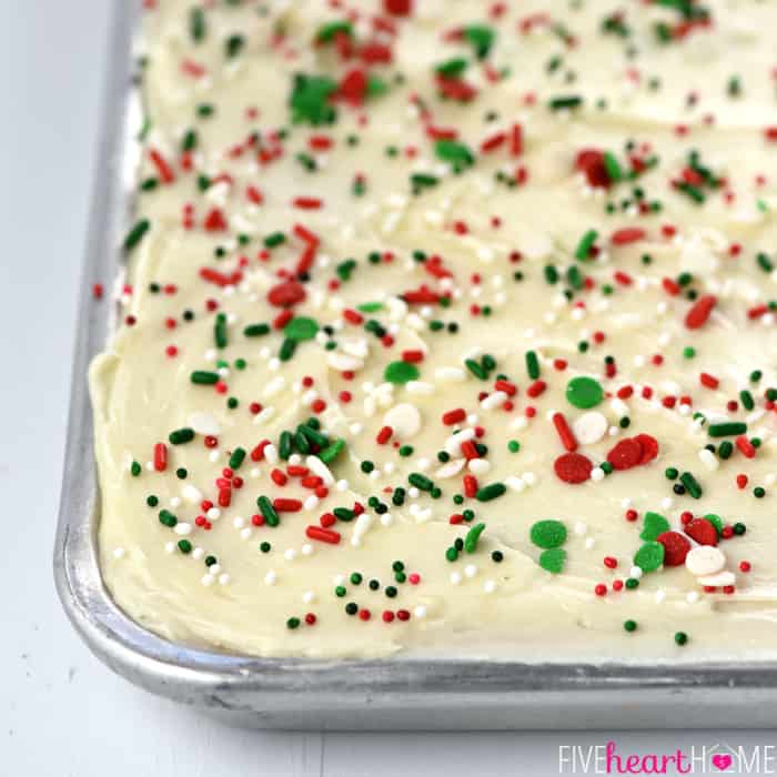 Close-up of cream cheese frosting and sprinkles.