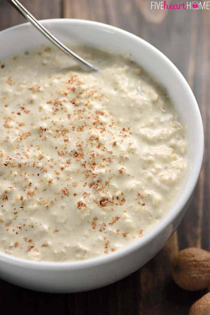 Eggnog Overnight Oats ~ with just five ingredients and two minutes of prep before bed, you can wake up to a creamy, wholesome, ready-to-eat holiday breakfast! | FiveHeartHome.com