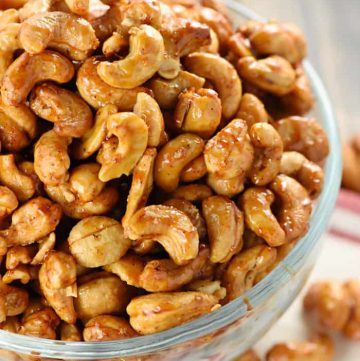 Close-up of Candied Cashews in a bowl.