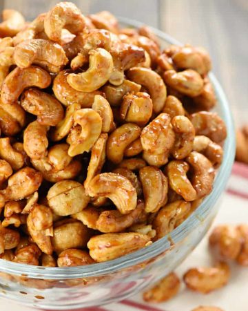 Close-up of Candied Cashews in a bowl.