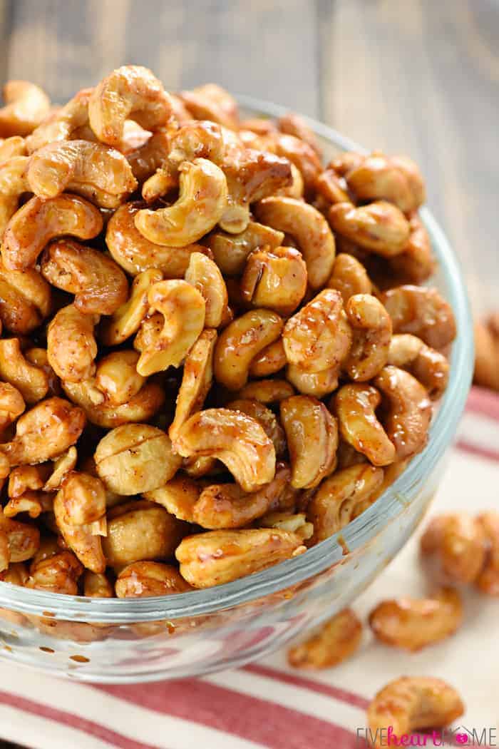 Close-up of Candied Cashews in a bowl.
