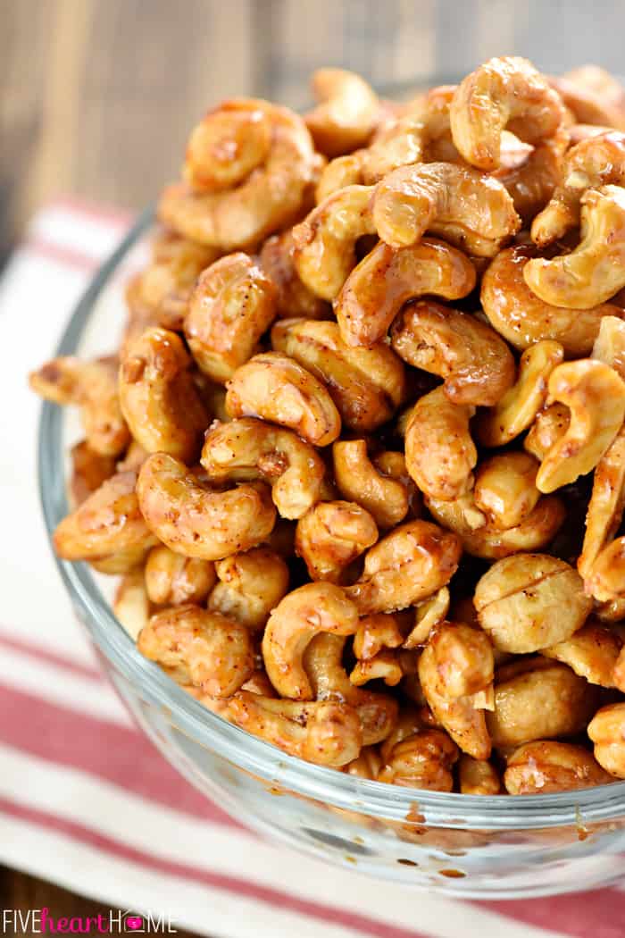 Candied Cashews with Honey, Chipotle, + Lime ~ the perfect balance of sweet, spicy, and smoky, these glazed nuts are roasted to perfection and completely addictive, making them a fantastic gift or a tasty party snack! | FiveHeartHome.com Close-up of nuts.